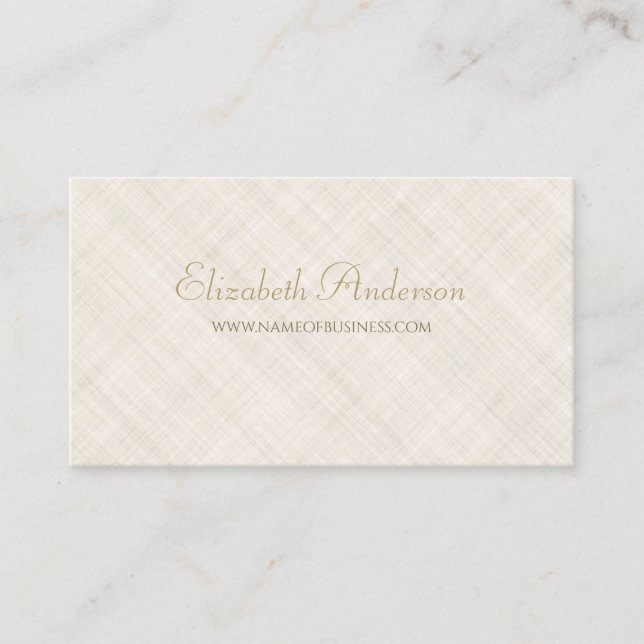 Simple Beige Linen Pattern Elegant Gold Script Business Card (Front)