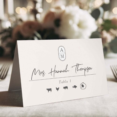 Simple beige modern initials meal options  place card