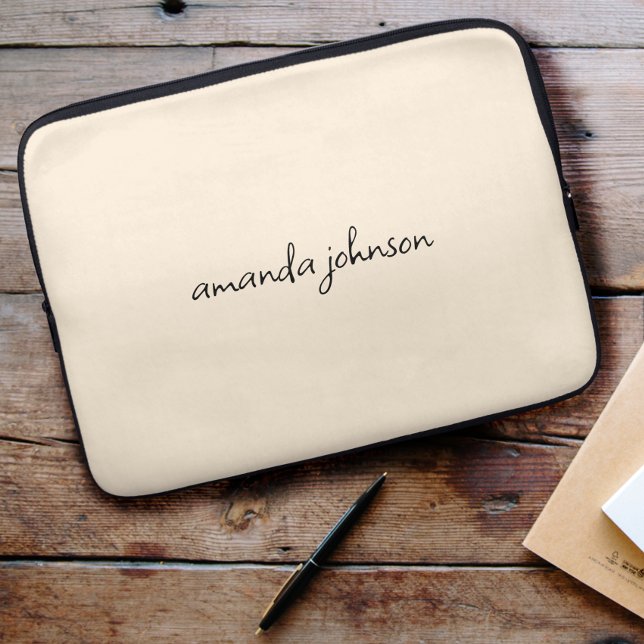 Simple Beige Monogrammed Cursive Full Name Laptop Sleeve (Creator Uploaded)