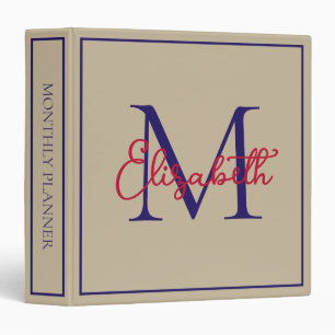 Simple Beige Navy Blue and Red Monogram 3 Ring Binder