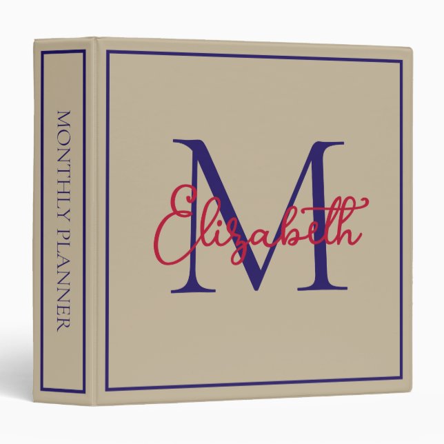 Simple Beige Navy Blue and Red Monogram 3 Ring Binder (Front/Spine)