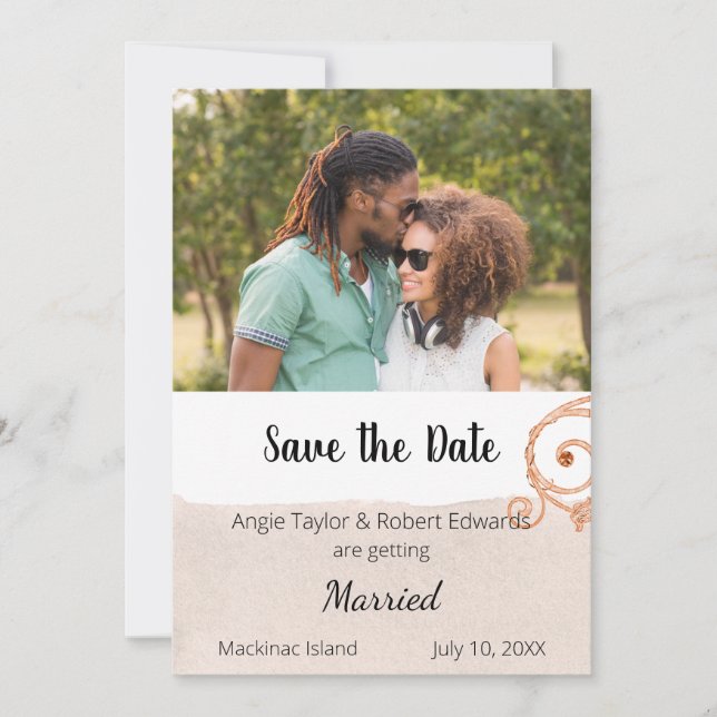 Simple Beige Photo Brush Stroke Save the Date (Front)