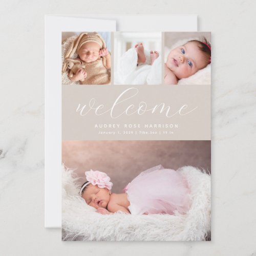 Simple Beige Welcome Photo Collage Birth Announcement