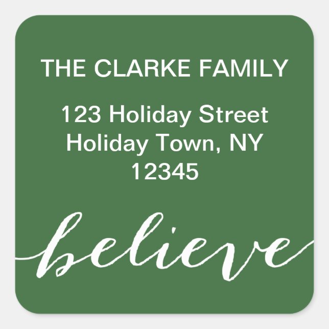 Simple Believe Holiday Address Label | Green White (Front)