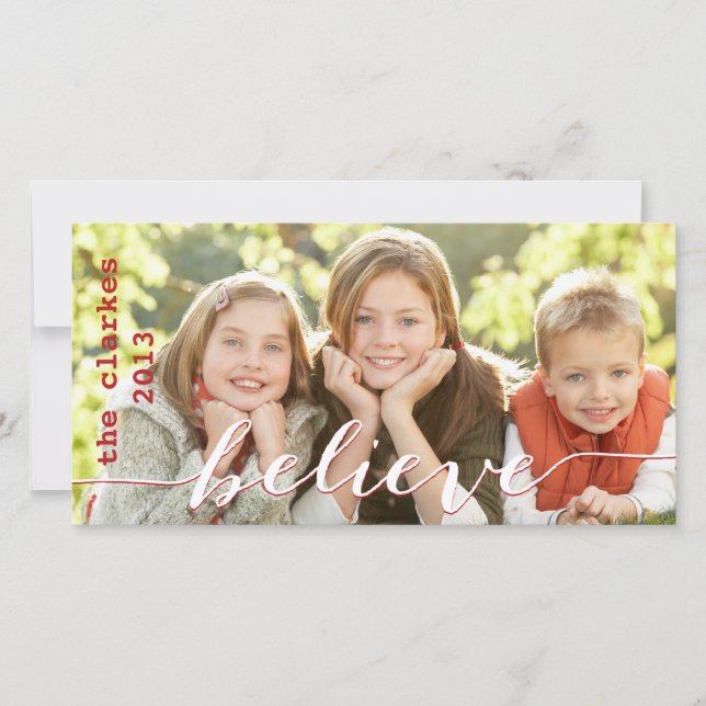 Simple Believe Holiday Photo Cards | Red White (Front)