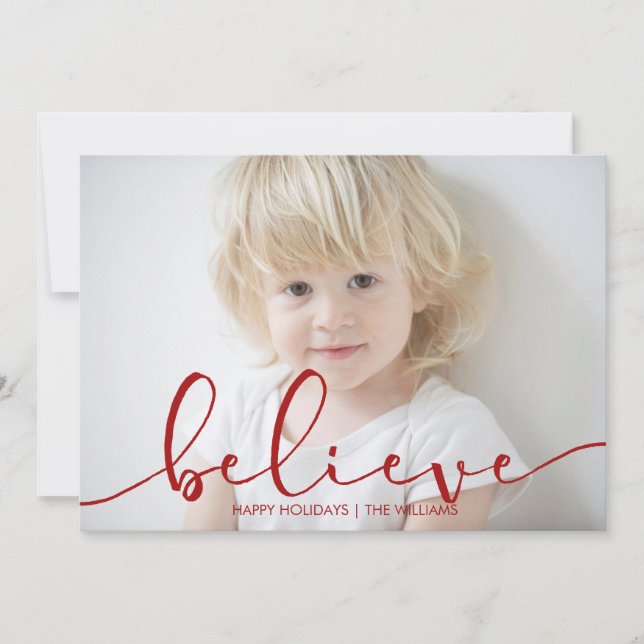 Simple Believe Red Holiday PHOTO Card (Front)