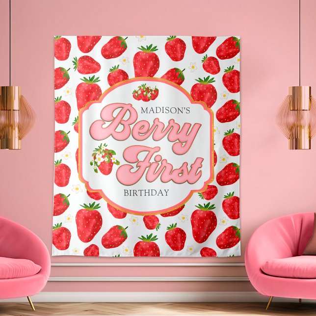 Simple Berry First Strawberry Birthday Backdrop (Creator Uploaded)