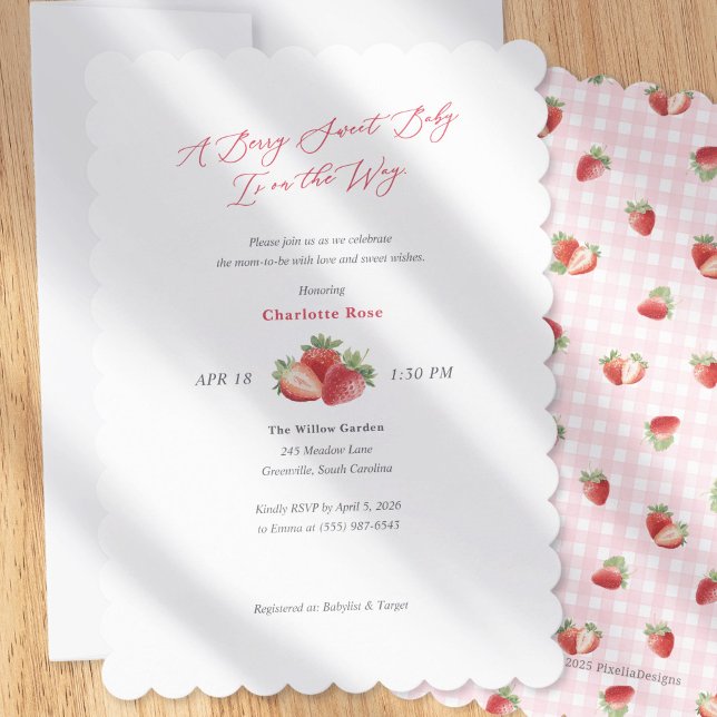 Simple Berry Sweet Strawberry Themed Baby Shower Invitation (Simple Berry Sweet Baby Girl Shower Invitation-Spring Baby Shower invites.)