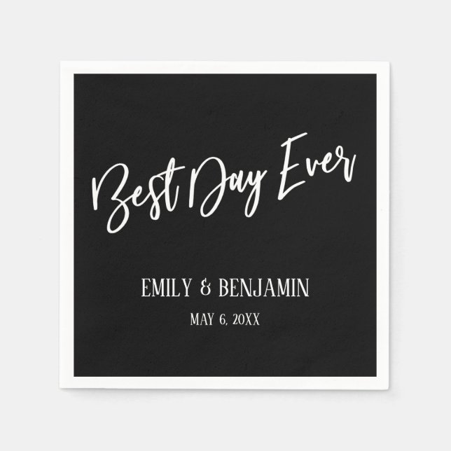 Simple Best Day Ever Wedding Typography Black Napkins (Front)