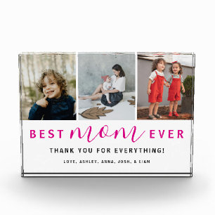 Simple Best Mom Ever Script Hot Pink 3 Photo Block