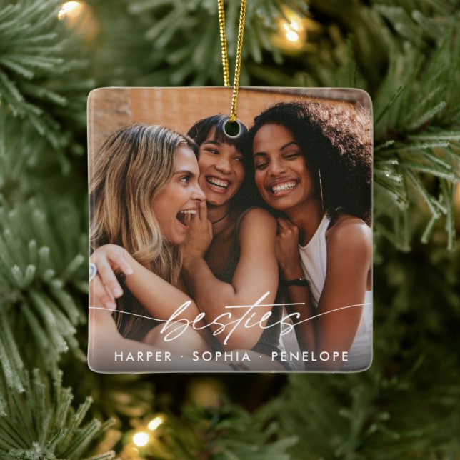 Simple Besties Create Your Own Photo Modern Script Ceramic Ornament (Tree)