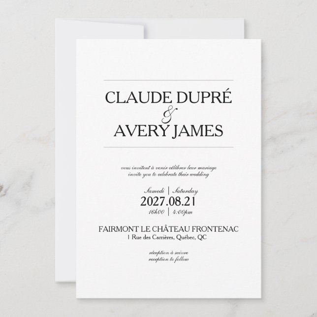 Simple Bilingual French English Wedding Invitation (Front)