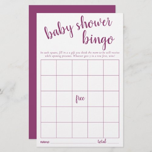 Simple Bingo Card  Berry Pink Baby Shower Game
