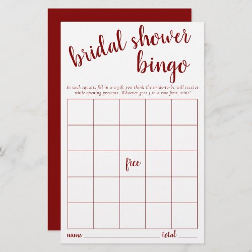 Simple Bingo Card  Cherry Red Bridal Shower Game