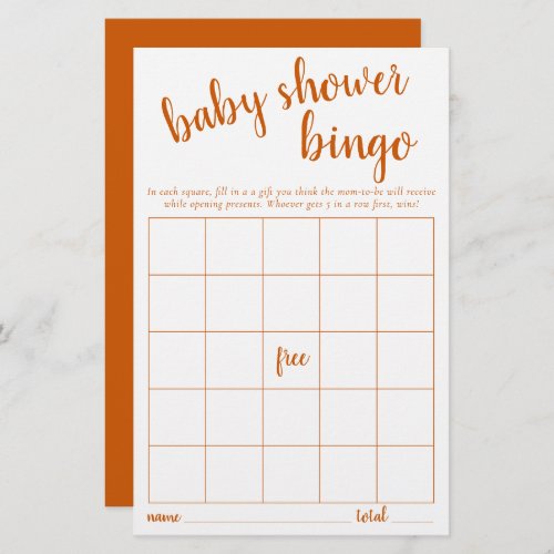 Simple Bingo Card  Fall Orange Baby Shower Game