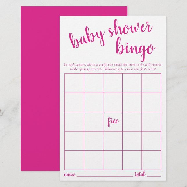 Simple Bingo Card | Hot Pink Baby Shower Game (Front/Back)