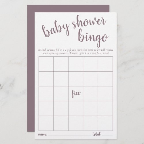 Simple Bingo Card  Mauve Pink Baby Shower Game