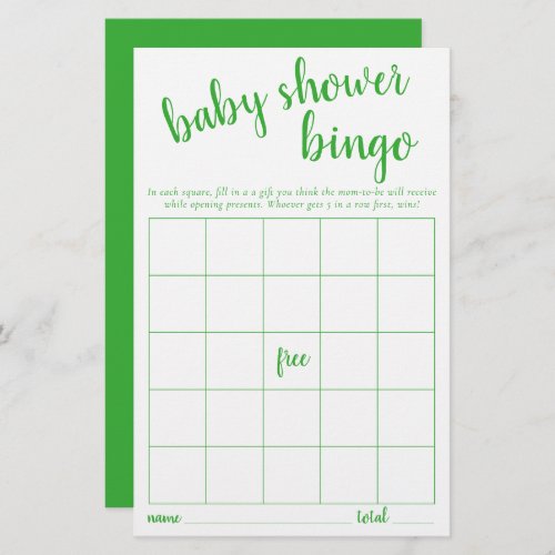 Simple Bingo Card  Neon Green Baby Shower Game