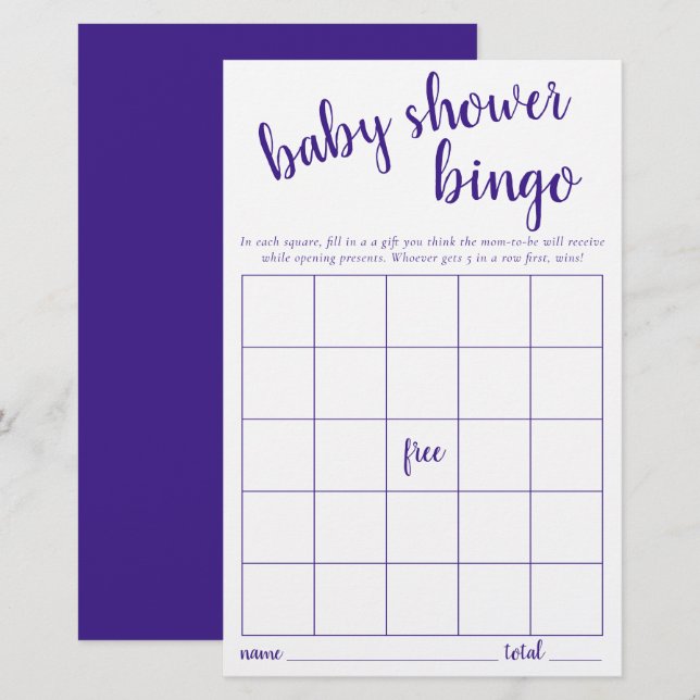 Simple Bingo Card | Purple Baby Shower Game (Front/Back)