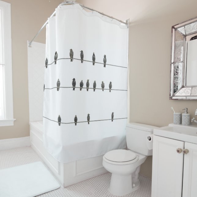 Simple Birds on the Wires Hand-Drawn Illustration Shower Curtain (In Situ)