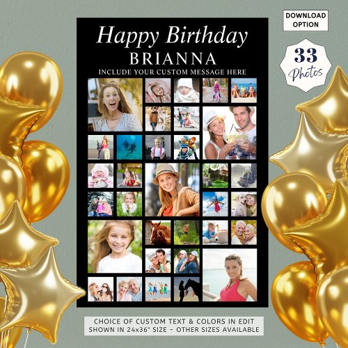 Simple Birthday 33 Photo Collage Custom Text Color Poster