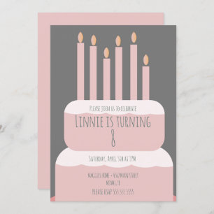 Simple Birthday Cake with Party Candles Pink Invitation