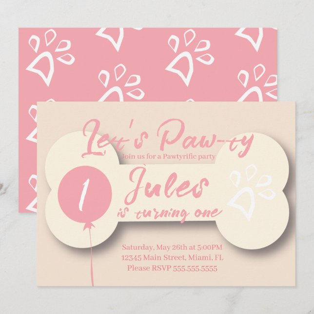 Simple Birthday Dog Bone Paw-ty Party Pink Cream Invitation (Front/Back)