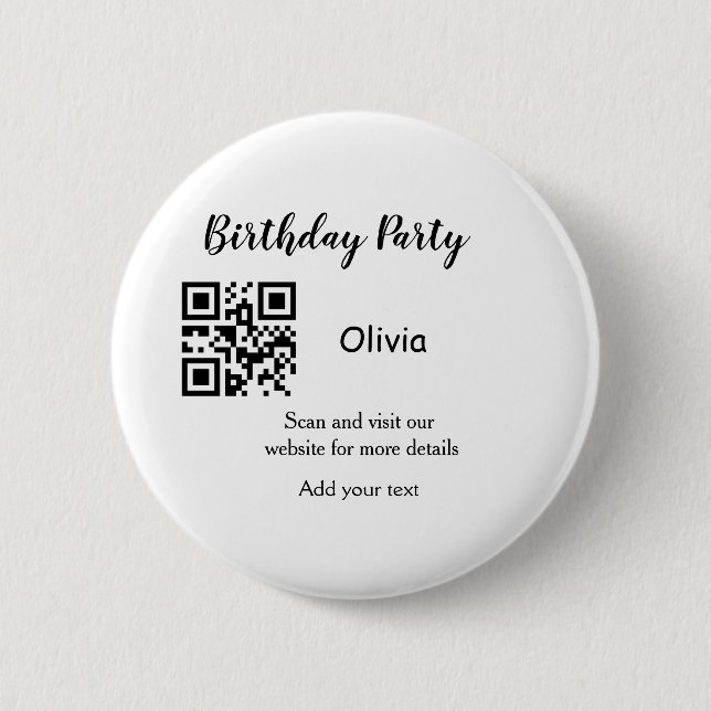 Simple birthday party website barcode QR add name  Button (Front)