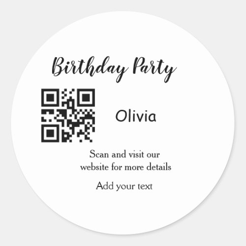 Simple birthday party website barcode QR add name  Classic Round Sticker