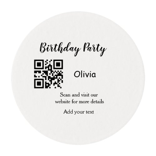 Simple birthday party website barcode QR add name  Edible Frosting Rounds