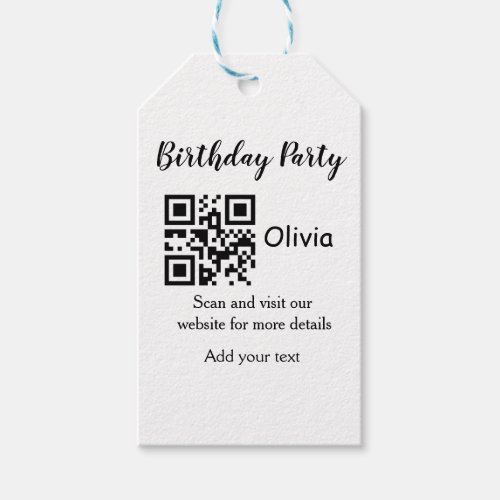 Simple birthday party website barcode QR add name  Gift Tags