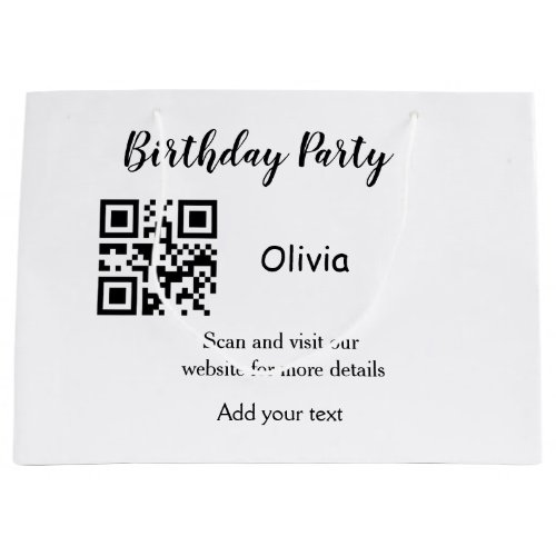 Simple birthday party website barcode QR add name  Large Gift Bag