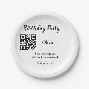 Simple birthday party website barcode QR add name Paper Plates