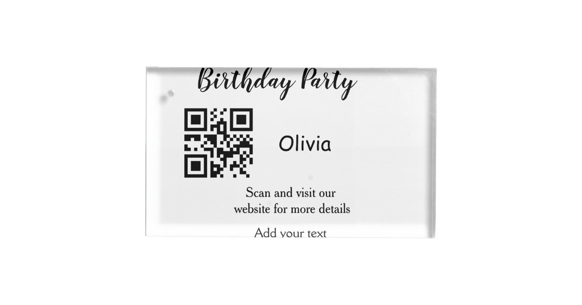 Simple birthday party website barcode QR add name Place Card Holder ...