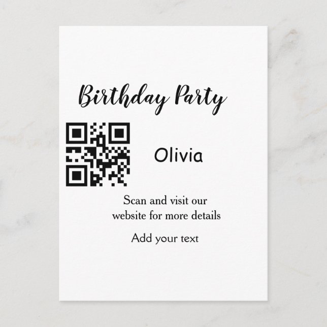 Simple birthday party website barcode QR add name  Postcard (Front)