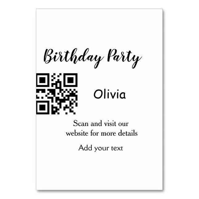 Simple birthday party website barcode QR add name  Table Number (Front)
