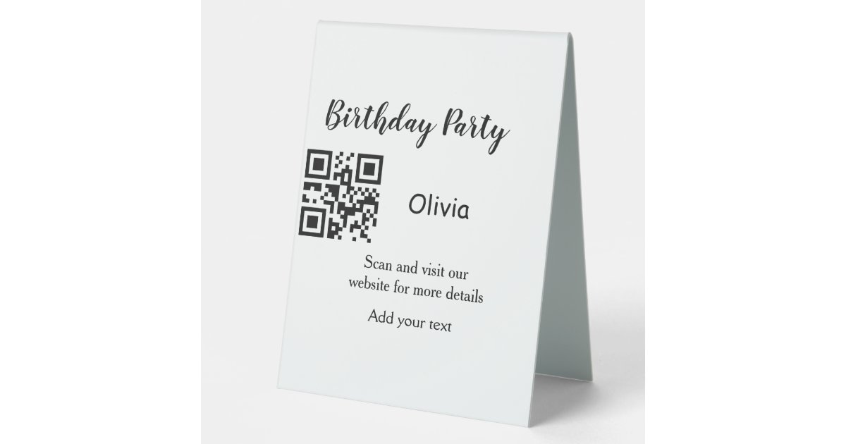 Simple birthday party website barcode QR add name Table Tent | Zazzle
