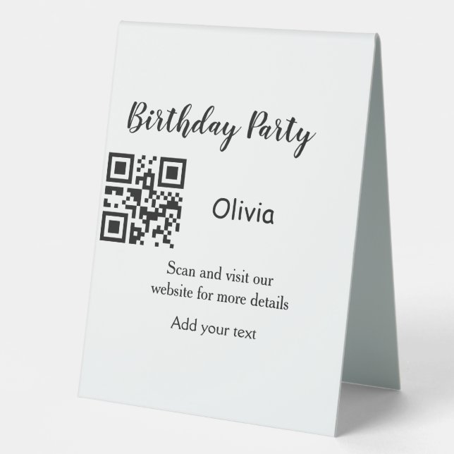Simple birthday party website barcode QR add name  Table Tent (Front)