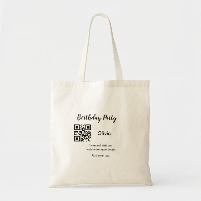 Simple birthday party website barcode QR add name  Tote Bag (Front)