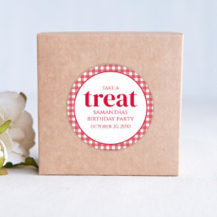 Simple Birthday Treat Favor Modern Red Gingham Classic Round Sticker
