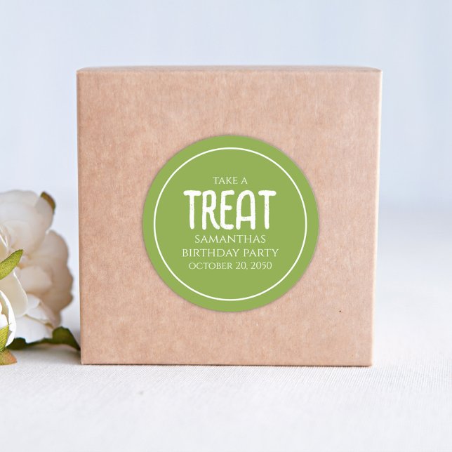 Simple Birthday Treat Favor Whimsical Green  Classic Round Sticker (Creator Uploaded)