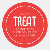 Simple Birthday Treat Favor Whimsical Script Red Classic Round Sticker (Front)