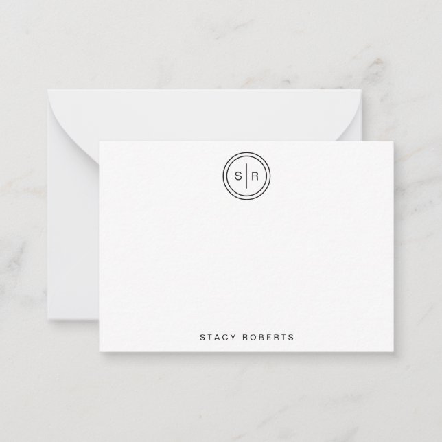 Simple Black 2 Initial Circle Monogrammed Note Card (Front)