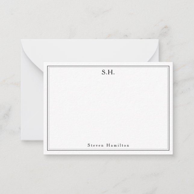 Simple Black 2 Monogram Name Minimalist Border Note Card (Front)