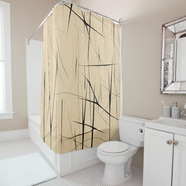 Simple Black and Beige Japandi Shower Curtain (In Situ)