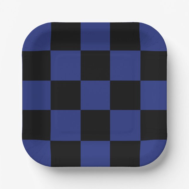 Simple Black and Blue Check Pattern Paper Plates (Front)