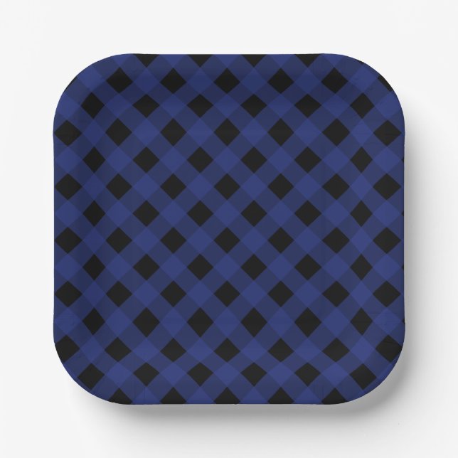 Simple Black and Blue Plaid Pattern Paper Plates (Front)