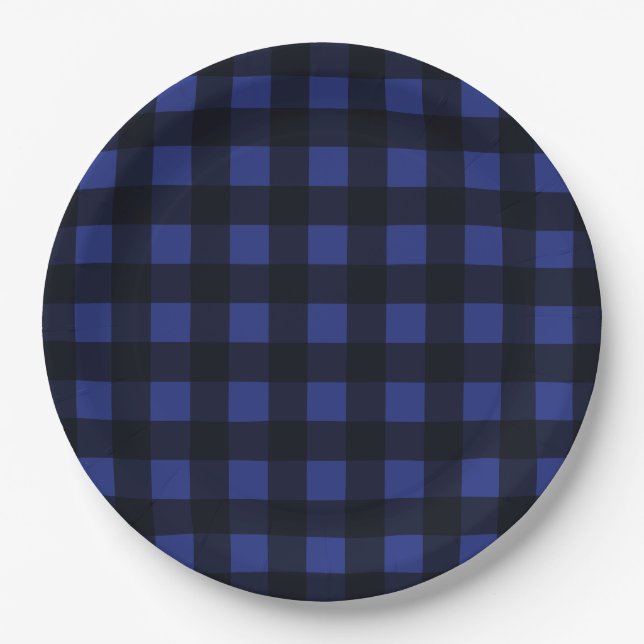 Simple Black and Blue Plaid Pattern Paper Plates (Front)