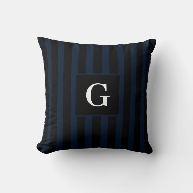 Simple black and Dark Blue Stripes Single Initial Throw Pillow (Front)