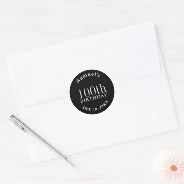 Simple Black and Ecru Beige 100th Birthday Favor Classic Round Sticker (Envelope)
